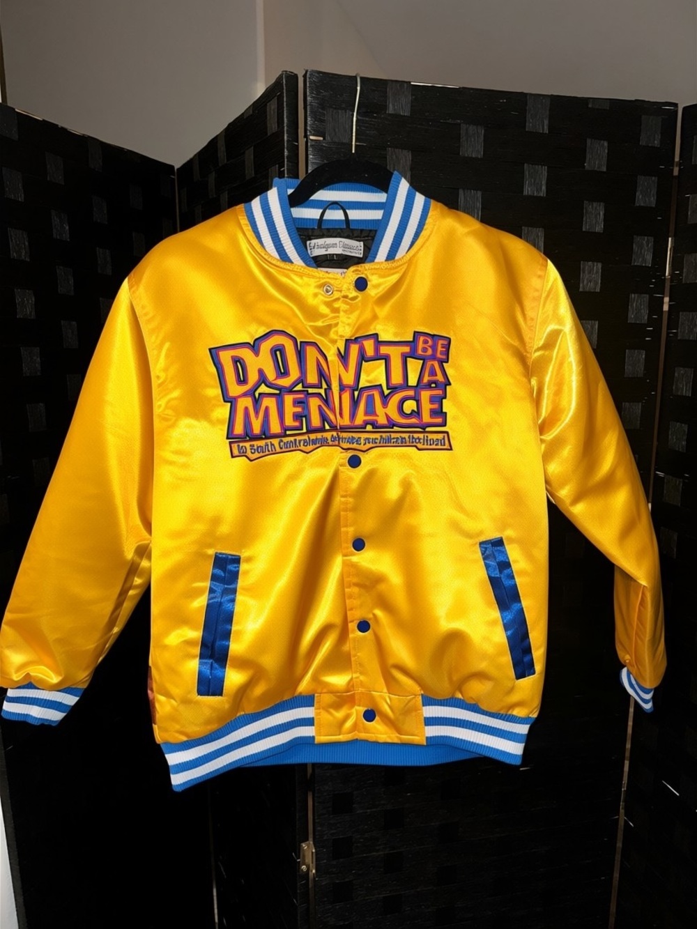 Yellow Satin 'Don't Be a Menace' Graphic Bomber Jacket
